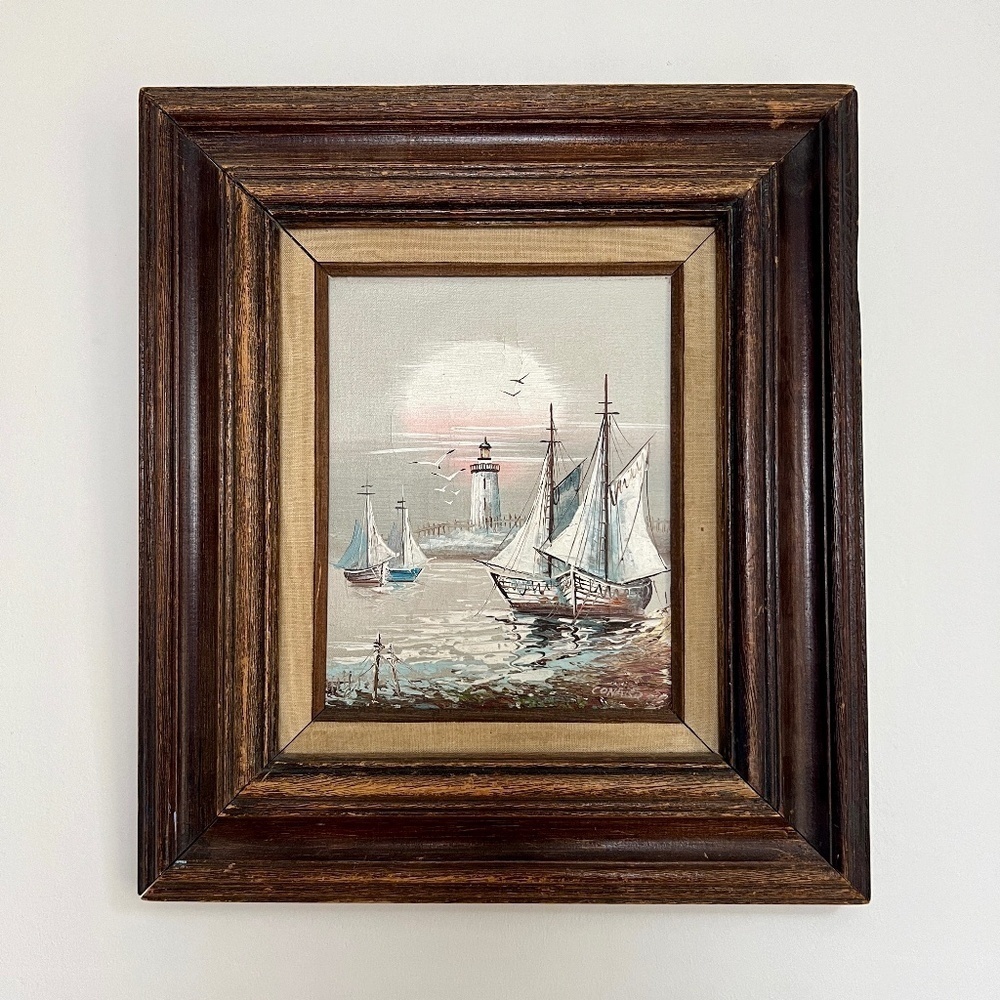 Original Vintage Conard Signed Oil Painting Boat Lighthouse Scene Wood Frame